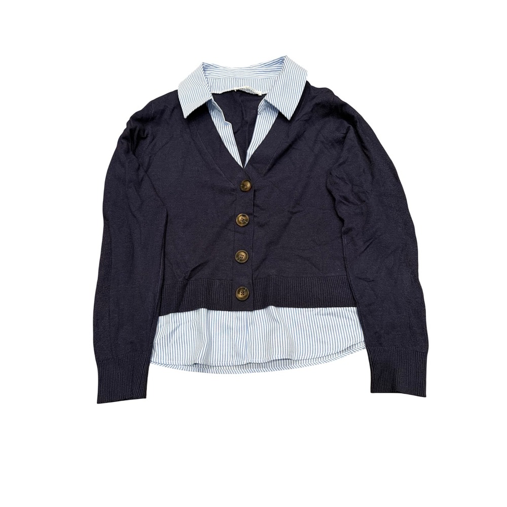 Sioni Milano Navy Cardigan Layered Striped Shirt 2-in-1 Top Large RN 163742